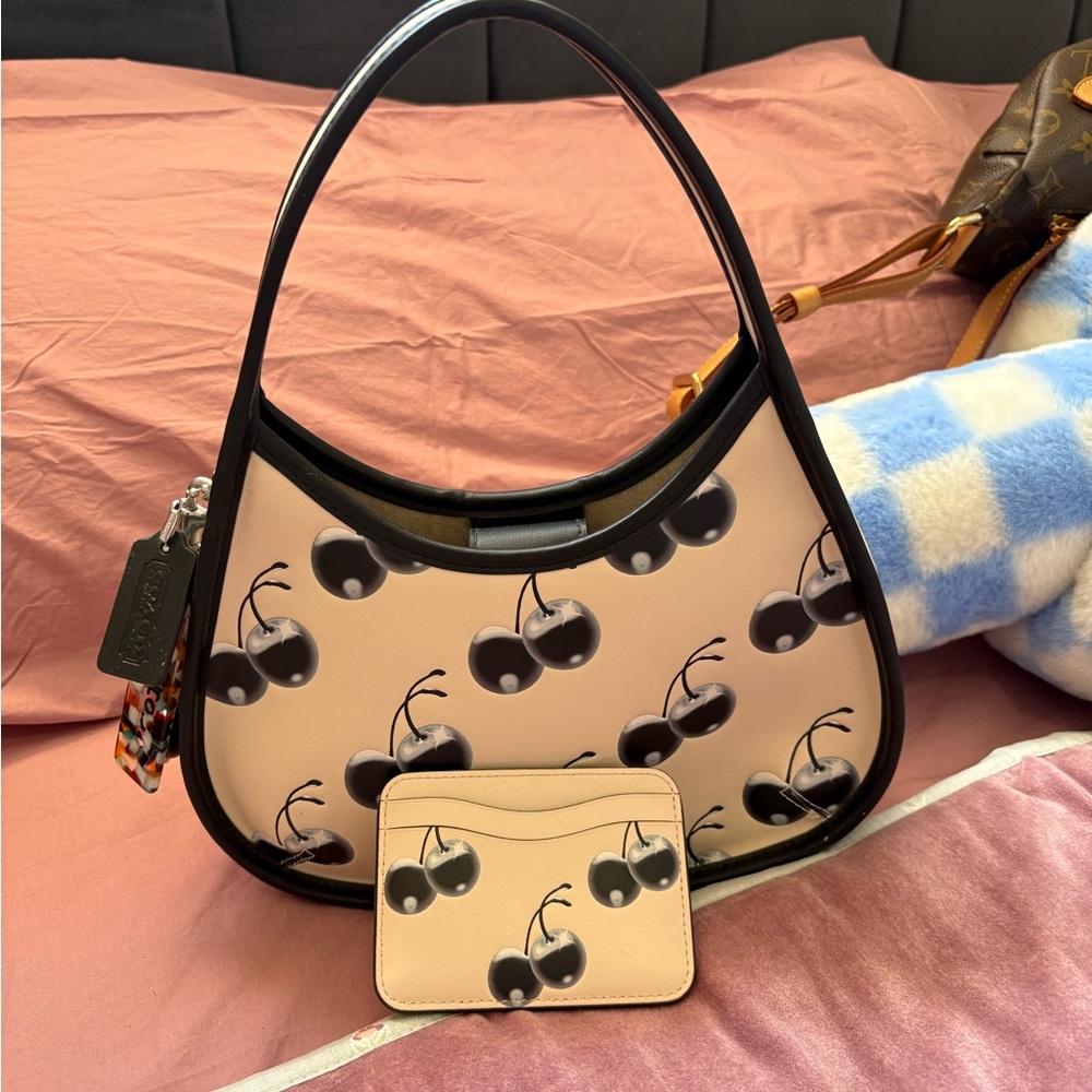Coach Black and Cream Cherry Print Shoulder Bag